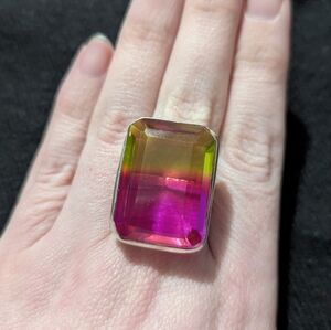 Silver Plated Pink Yellow BiColor Ametrine Gemstone Rectangle Statement Ring 7